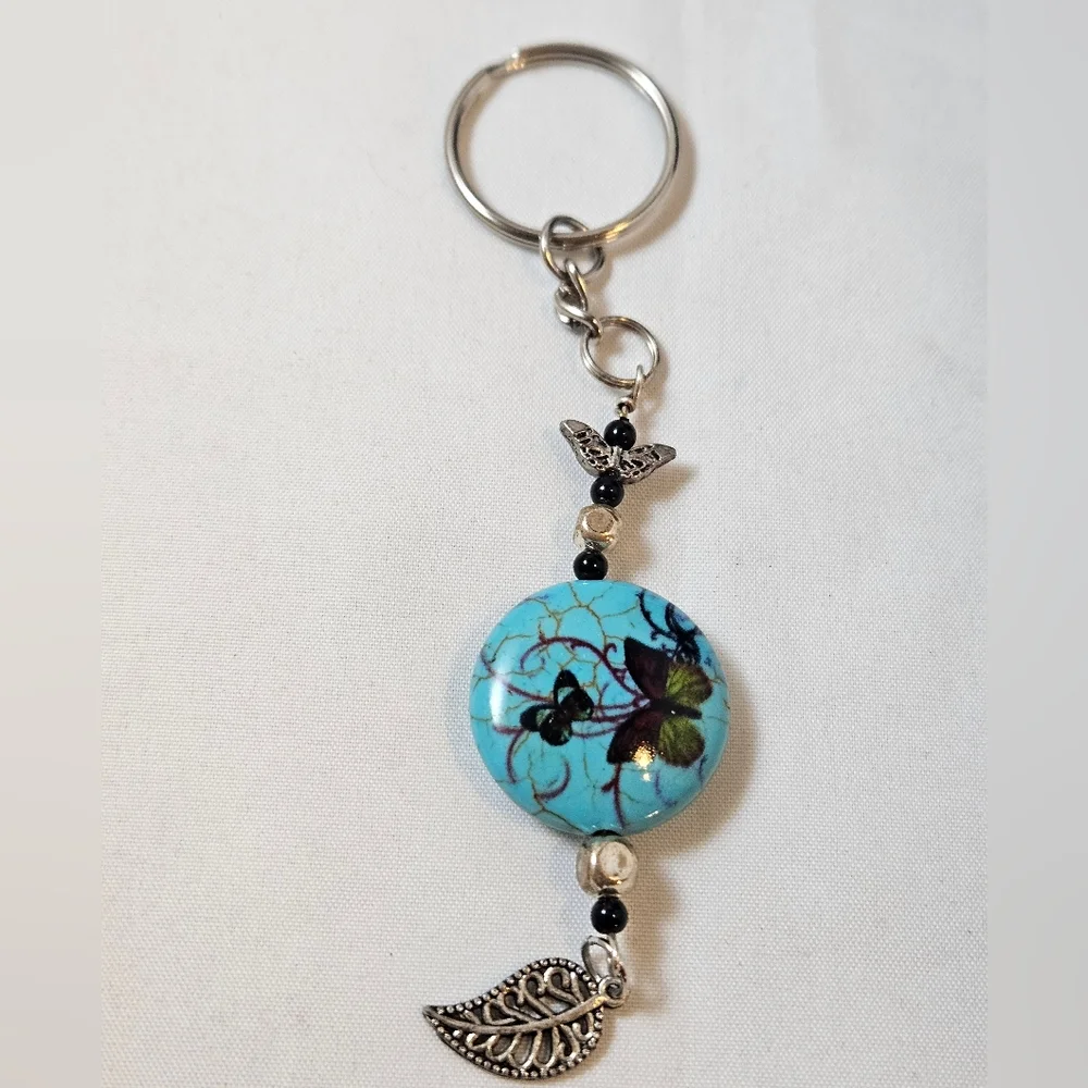 Handcrafted Butterfly and Leaf Charm Keychain Unique Beaded Accessory